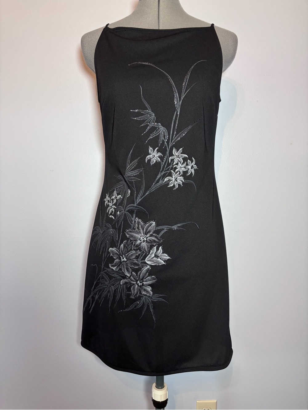 Candy Rocket Black Sleeveless Mini Dress with Silver Floral Detail - large
